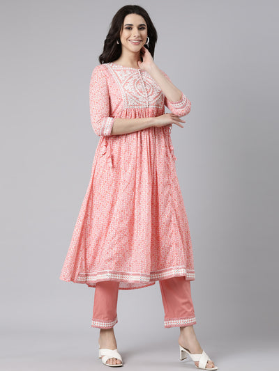 Neerus Coral Regular Flared Floral Kurta And  Trousers With Dupatta