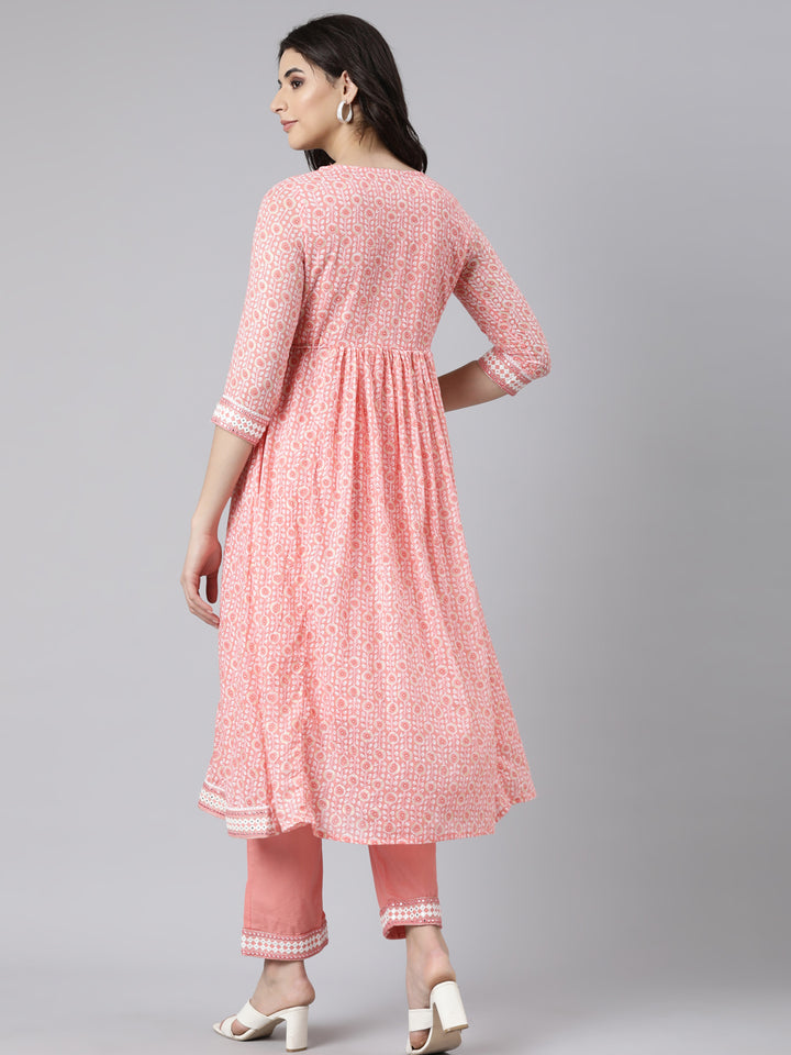 Neerus Pink floral printed flared suit set - side view