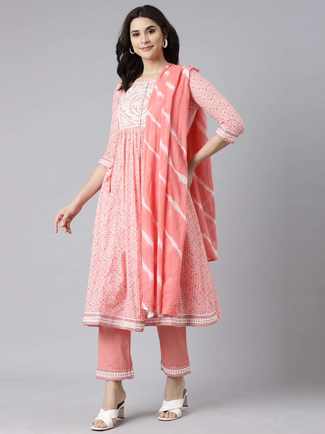 Neerus Coral Regular Flared Floral Kurta And  Trousers With Dupatta