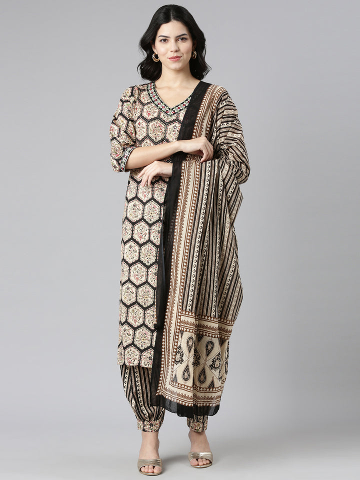 Neerus Black Regular Straight Printed Kurta And Salwar With Dupatta