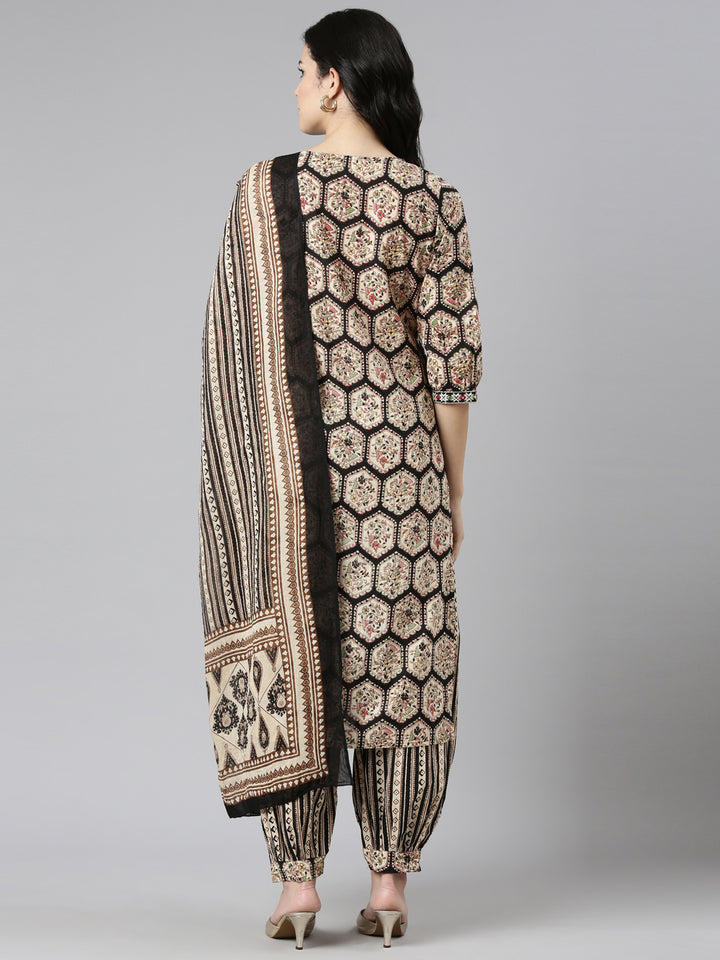 Neerus Black Regular Straight Printed Kurta And Salwar With Dupatta