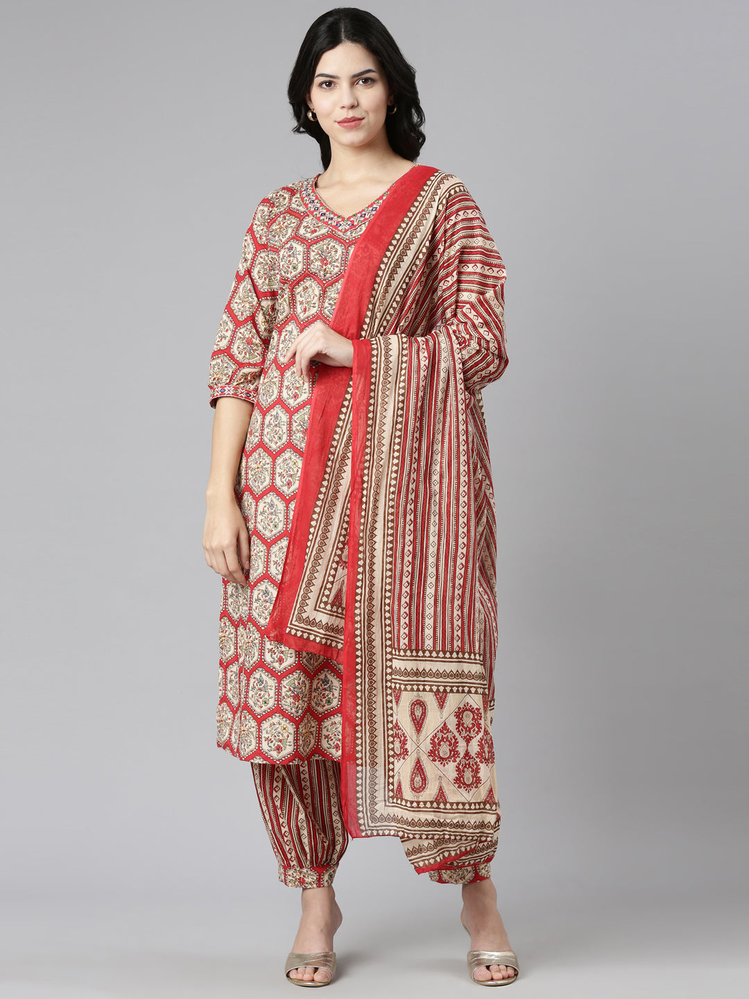 Neerus Red cotton printed kurta set with salwar and dupatta - front view