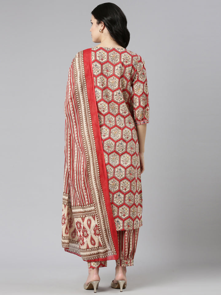Neerus Red cotton printed kurta set with salwar and dupatta - side view
