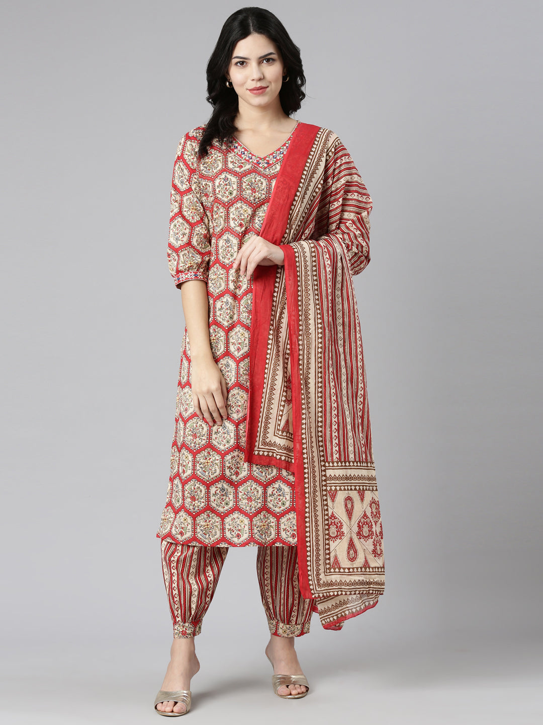 Neerus Red cotton printed kurta set with salwar and dupatta - detail view 2