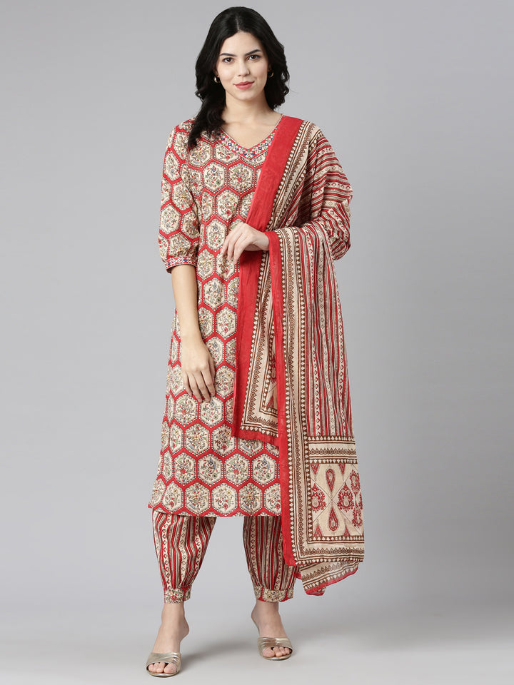 Neerus Red cotton printed kurta set with salwar and dupatta - detail view 2