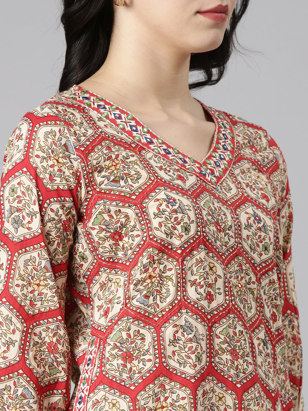 Neerus Red cotton printed kurta set with salwar and dupatta - detail view 1
