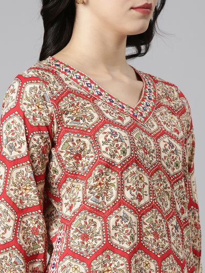 Neerus Red Regular Straight Printed Kurta And Salwar With Dupatta