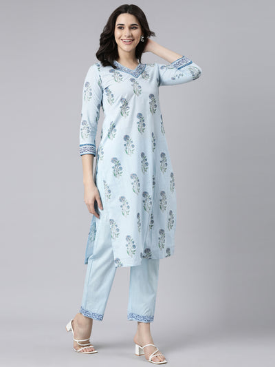 Neerus Blue Panelled Straight Floral Kurta And  Trousers With Dupatta