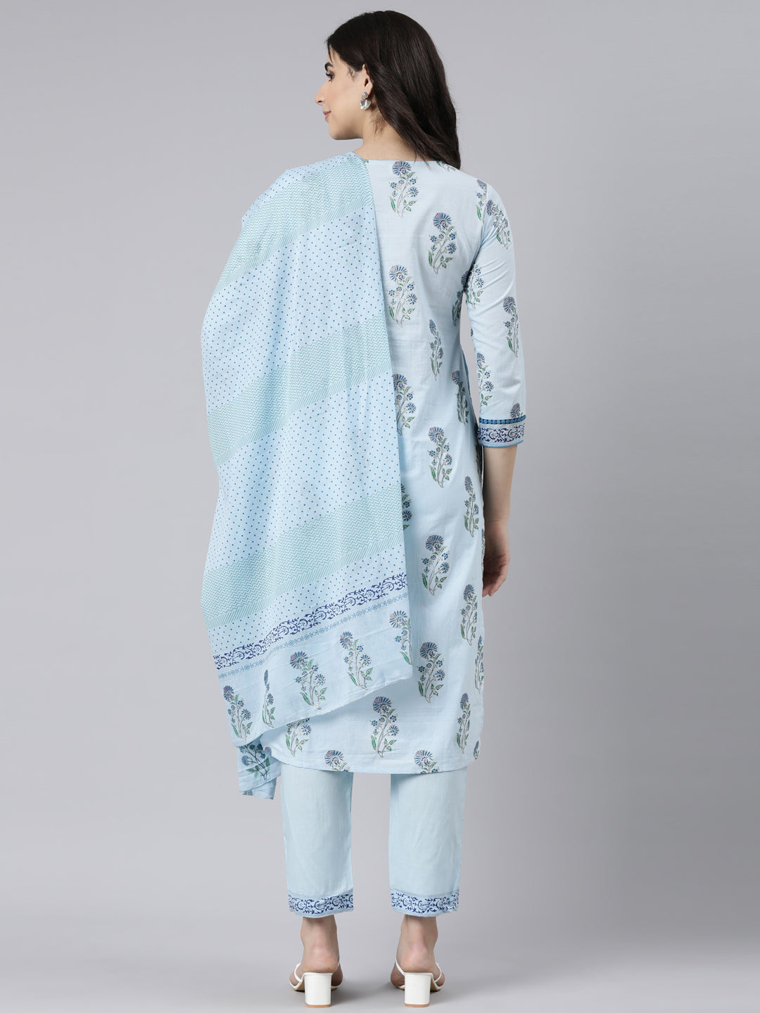 Neerus Blue Panelled Straight Floral Kurta And  Trousers With Dupatta