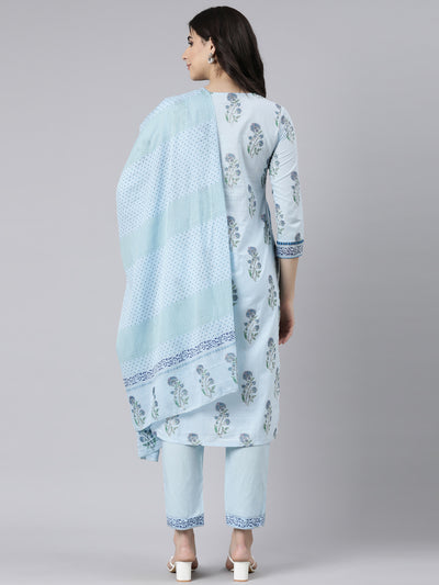 Neerus Blue Panelled Straight Floral Kurta And  Trousers With Dupatta