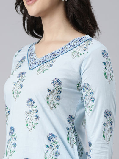 Neerus Blue Panelled Straight Floral Kurta And  Trousers With Dupatta