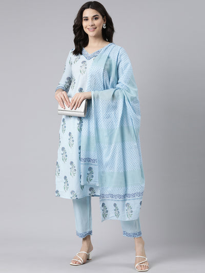 Neerus Blue Panelled Straight Floral Kurta And  Trousers With Dupatta