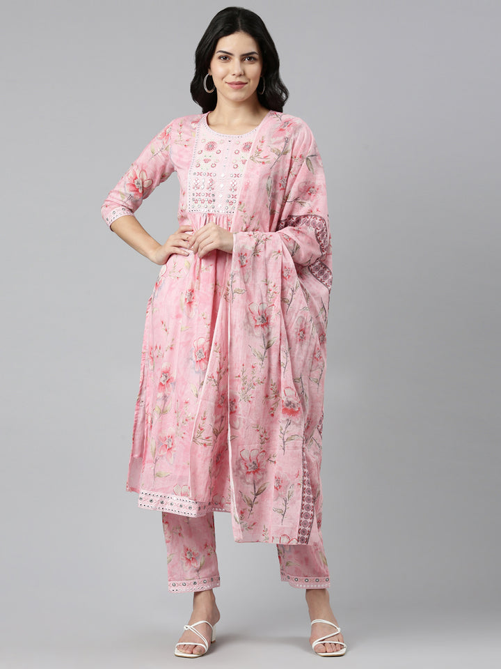 Neerus Pink cotton printed kurta set with trouser and dupatta - front view