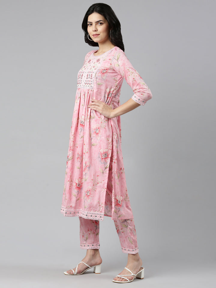 Neerus Pink cotton printed kurta set with trouser and dupatta - back view