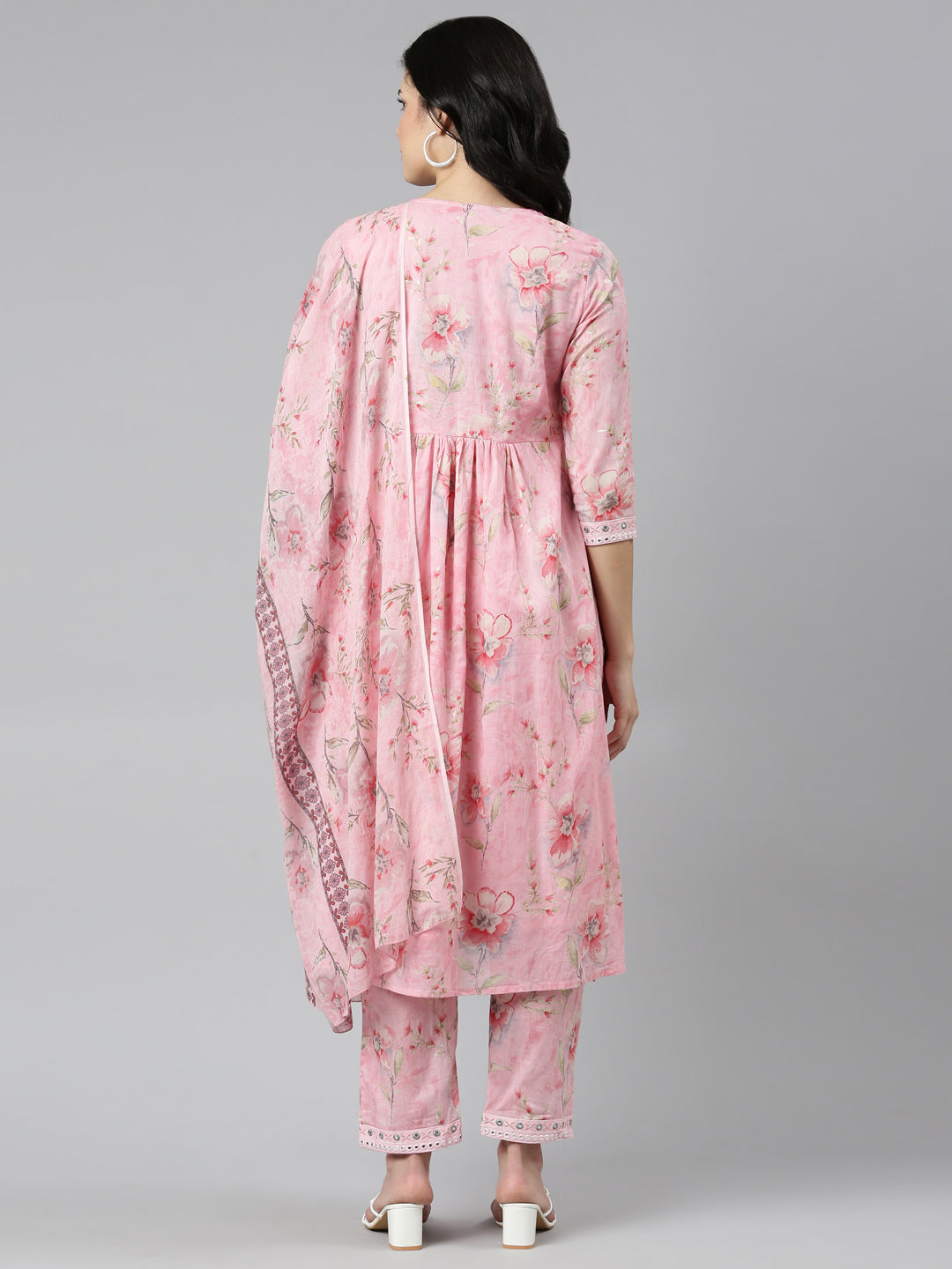 Neerus Pink cotton printed kurta set with trouser and dupatta - side view