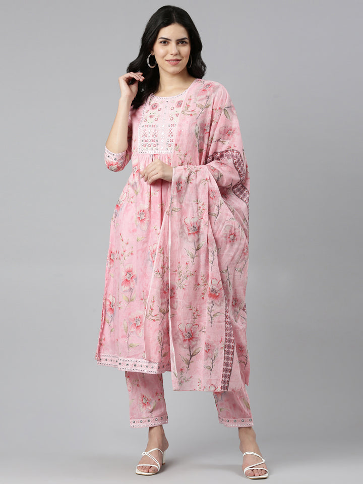 Neerus Pink cotton printed kurta set with trouser and dupatta - detail view 2
