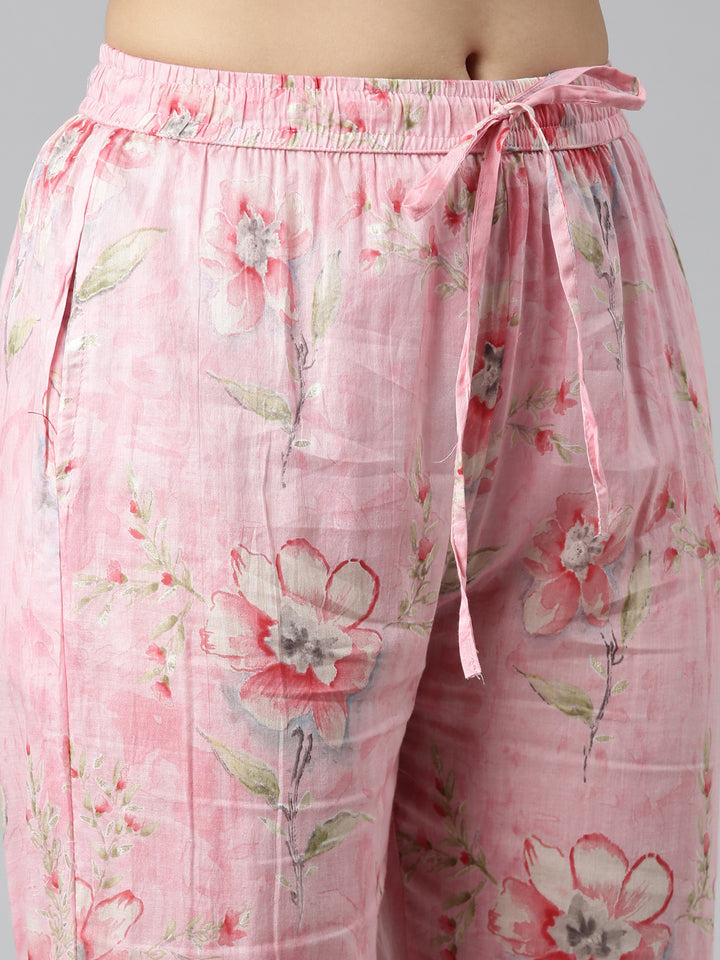 Neerus Pink cotton printed kurta set with trouser and dupatta - detail view 3