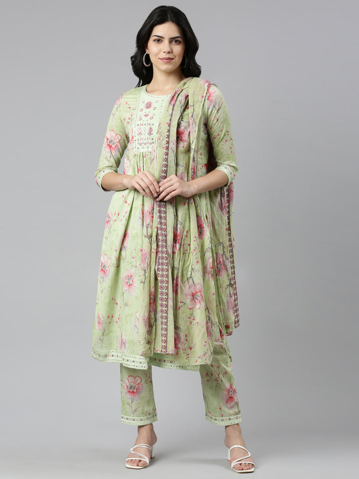 Neerus Green Regular Straight Printed Kurta And Trousers With Dupatta