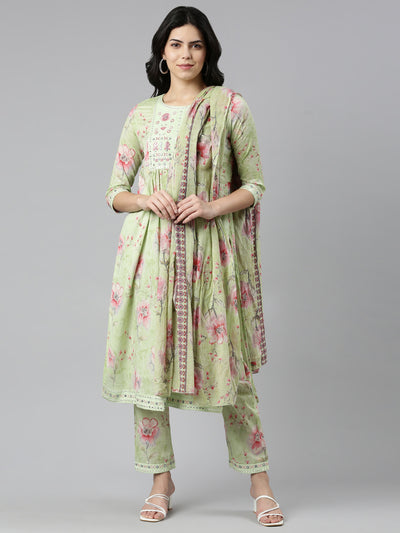 Neeru's Green Regular Straight Printed Kurta And Trousers With Dupatta