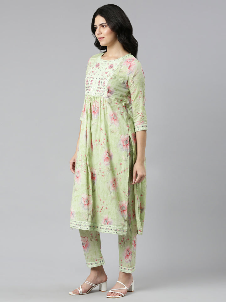 Neerus Green Regular Straight Printed Kurta And Trousers With Dupatta