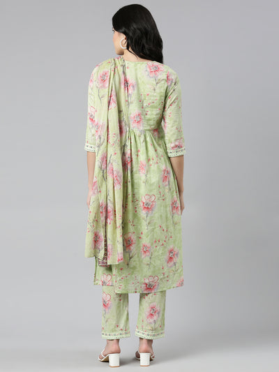 Neeru's Green Regular Straight Printed Kurta And Trousers With Dupatta