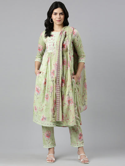 Neeru's Green Regular Straight Printed Kurta And Trousers With Dupatta