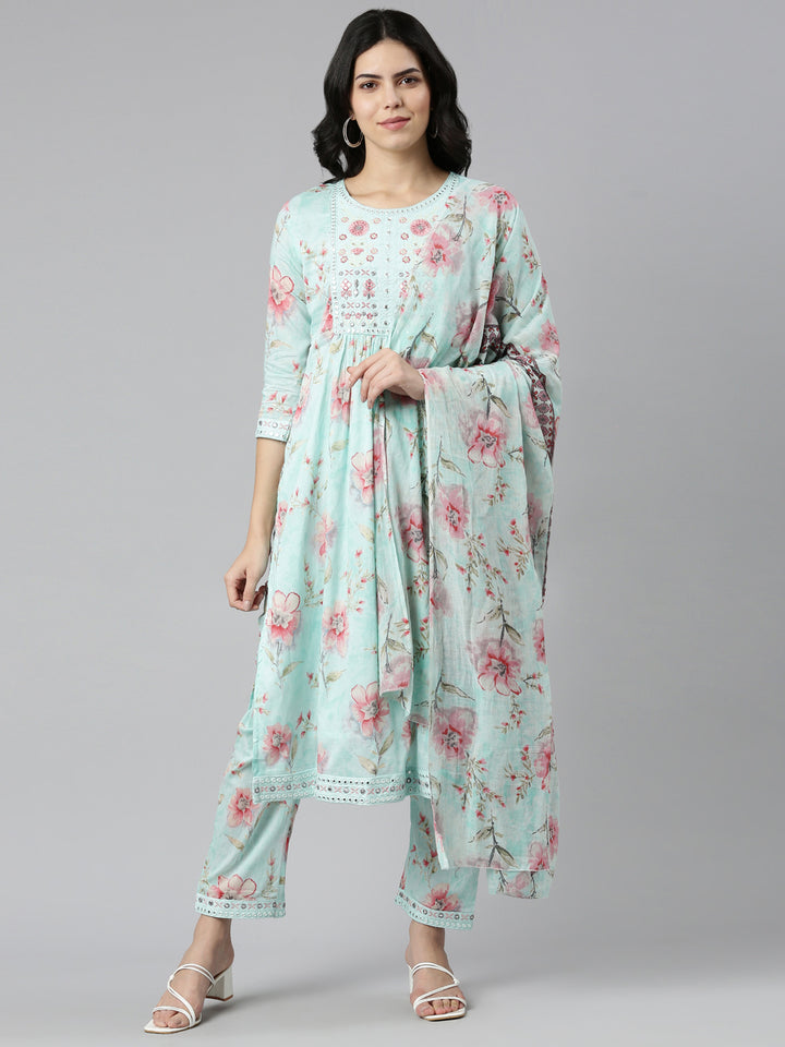 Neerus Sea Green Regular Straight Printed Kurta And Trousers With Dupatta