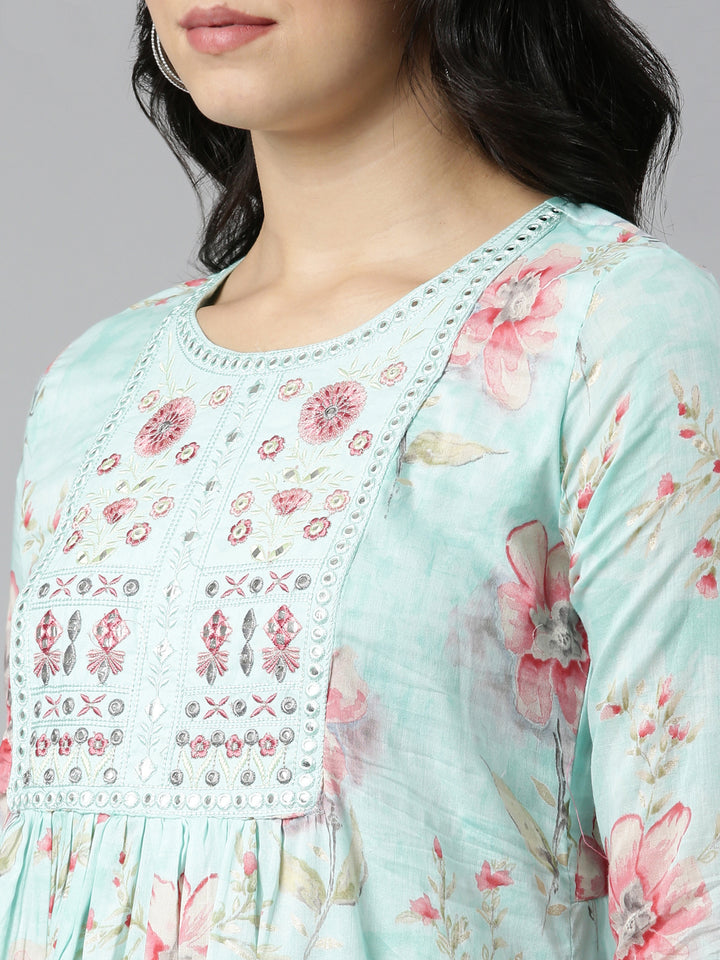 Neerus Sea Green Regular Straight Printed Kurta And Trousers With Dupatta