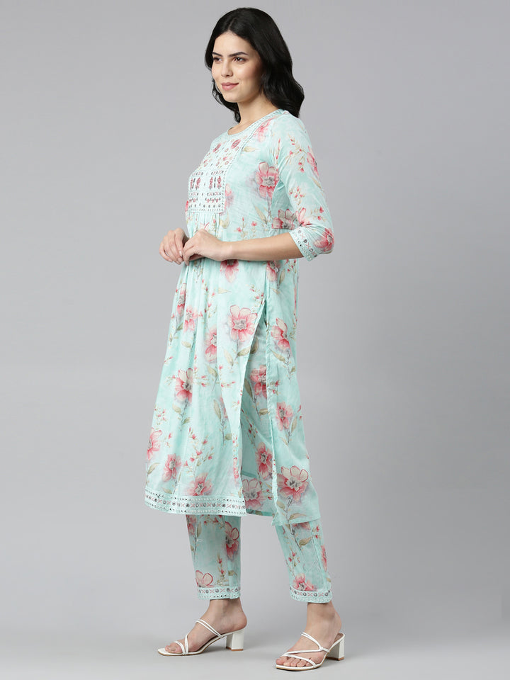Neerus Sea Green Regular Straight Printed Kurta And Trousers With Dupatta