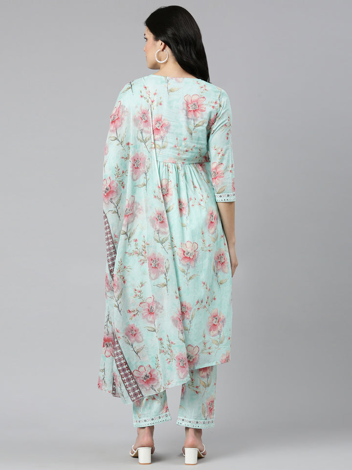 Neerus Sea Green Regular Straight Printed Kurta And Trousers With Dupatta