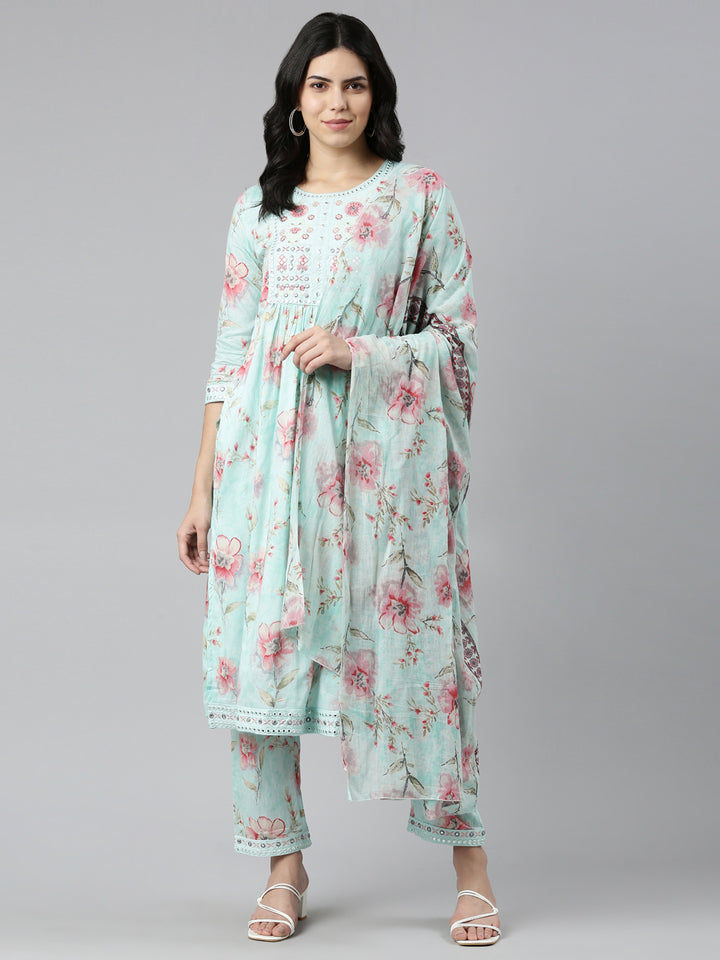 Neerus Sea Green Regular Straight Printed Kurta And Trousers With Dupatta