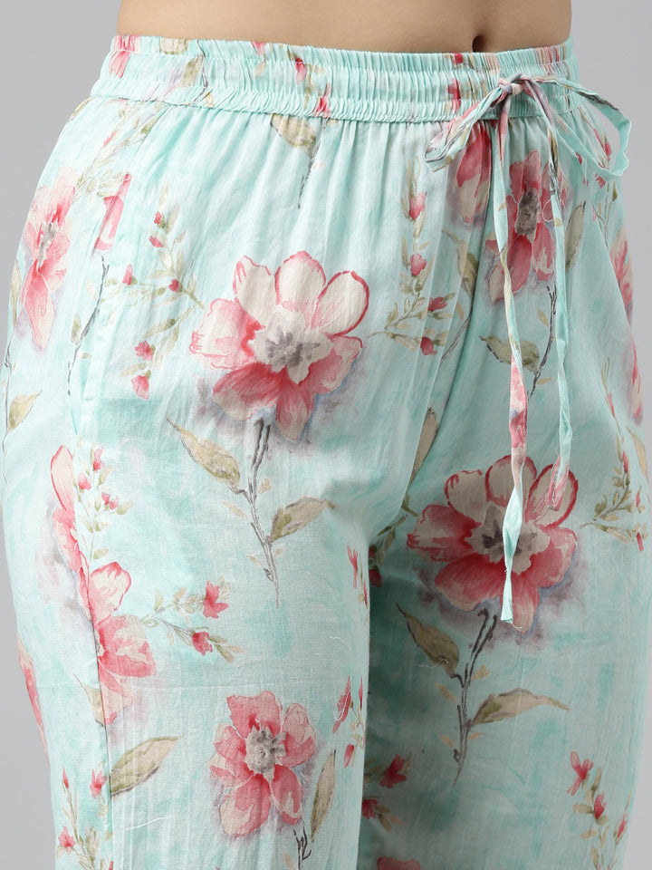 Neerus Sea Green Regular Straight Printed Kurta And Trousers With Dupatta