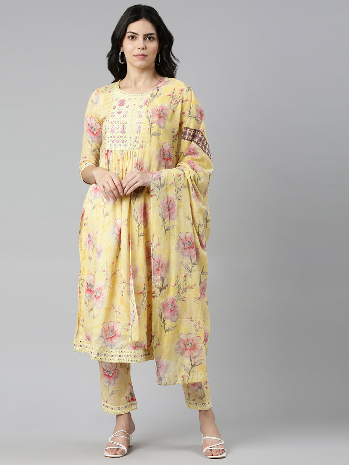Neerus Yellow Regular Straight Printed Kurta And Trousers With Dupatta