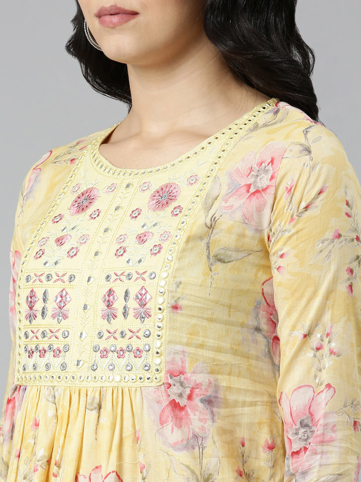 Neerus Yellow Regular Straight Printed Kurta And Trousers With Dupatta