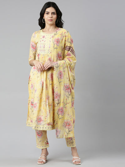 Neeru's Yellow Regular Straight Printed Kurta And Trousers With Dupatta