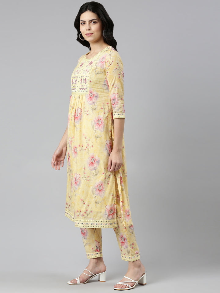 Neerus Yellow Regular Straight Printed Kurta And Trousers With Dupatta