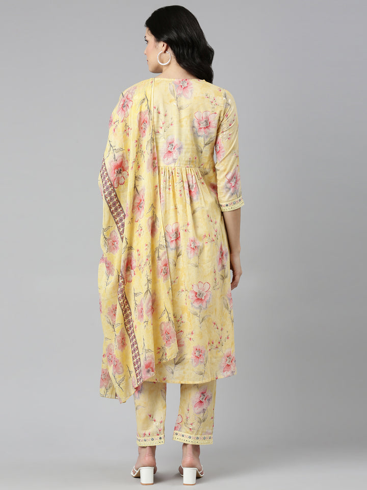 Neerus Yellow Regular Straight Printed Kurta And Trousers With Dupatta