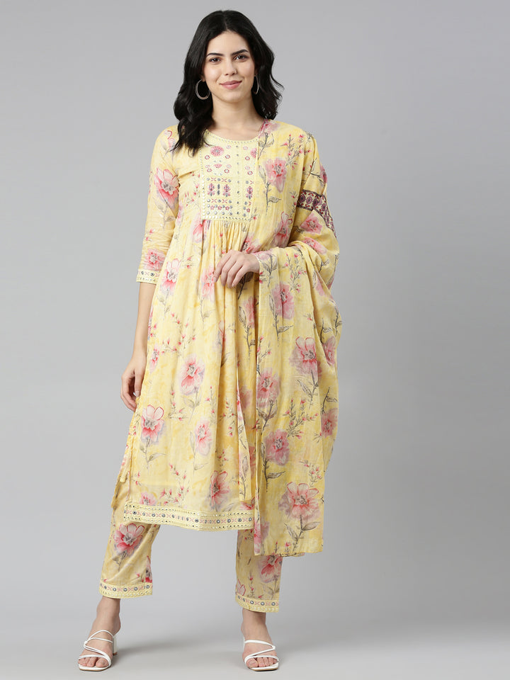 Neerus Yellow Regular Straight Printed Kurta And Trousers With Dupatta