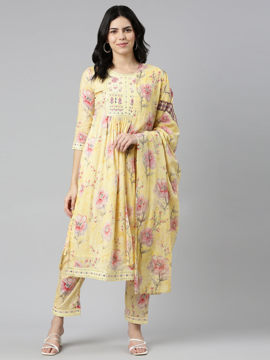 Neeru's Yellow Regular Straight Printed Kurta And Trousers With Dupatta