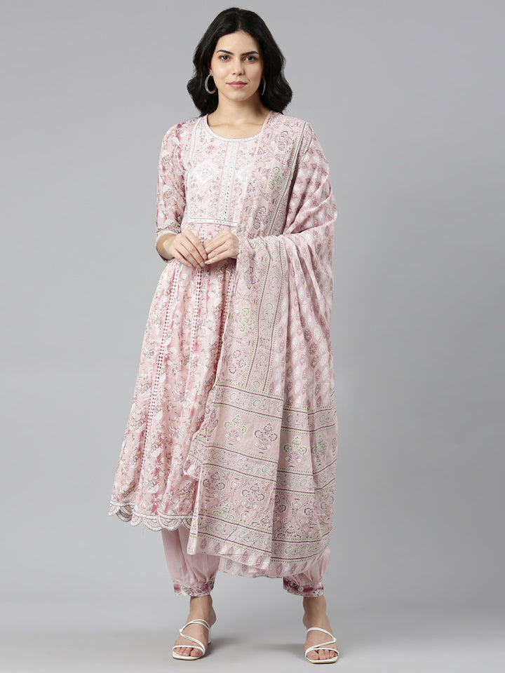 Neerus Pink printed straight kurta set with salwar and dupatta - front view
