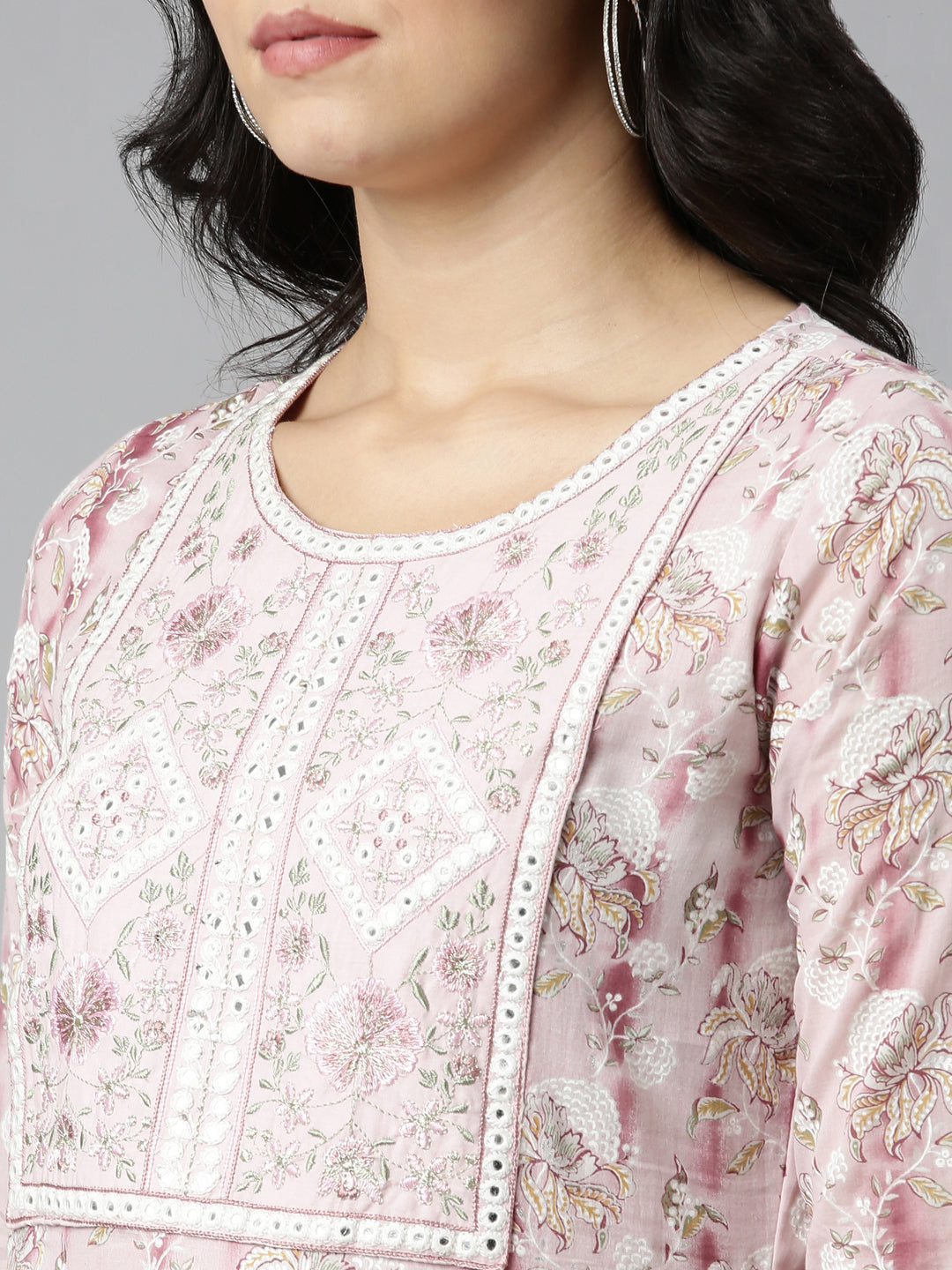Neerus Pink printed straight kurta set with salwar and dupatta - detail view 1