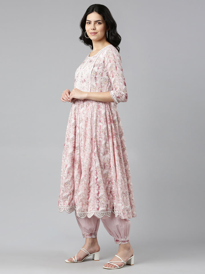 Neerus Pink printed straight kurta set with salwar and dupatta - back view