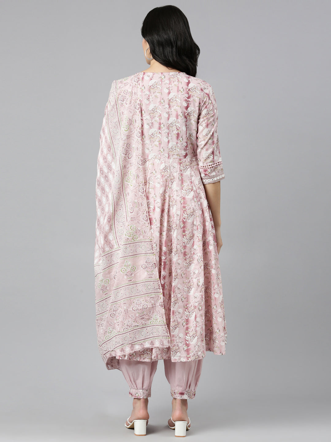 Neerus Pink printed straight kurta set with salwar and dupatta - side view