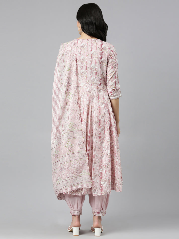 Neerus Pink printed straight kurta set with salwar and dupatta - side view