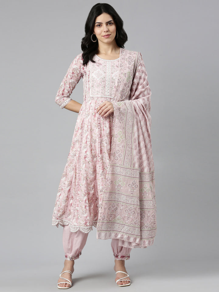 Neerus Pink printed straight kurta set with salwar and dupatta - detail view 2