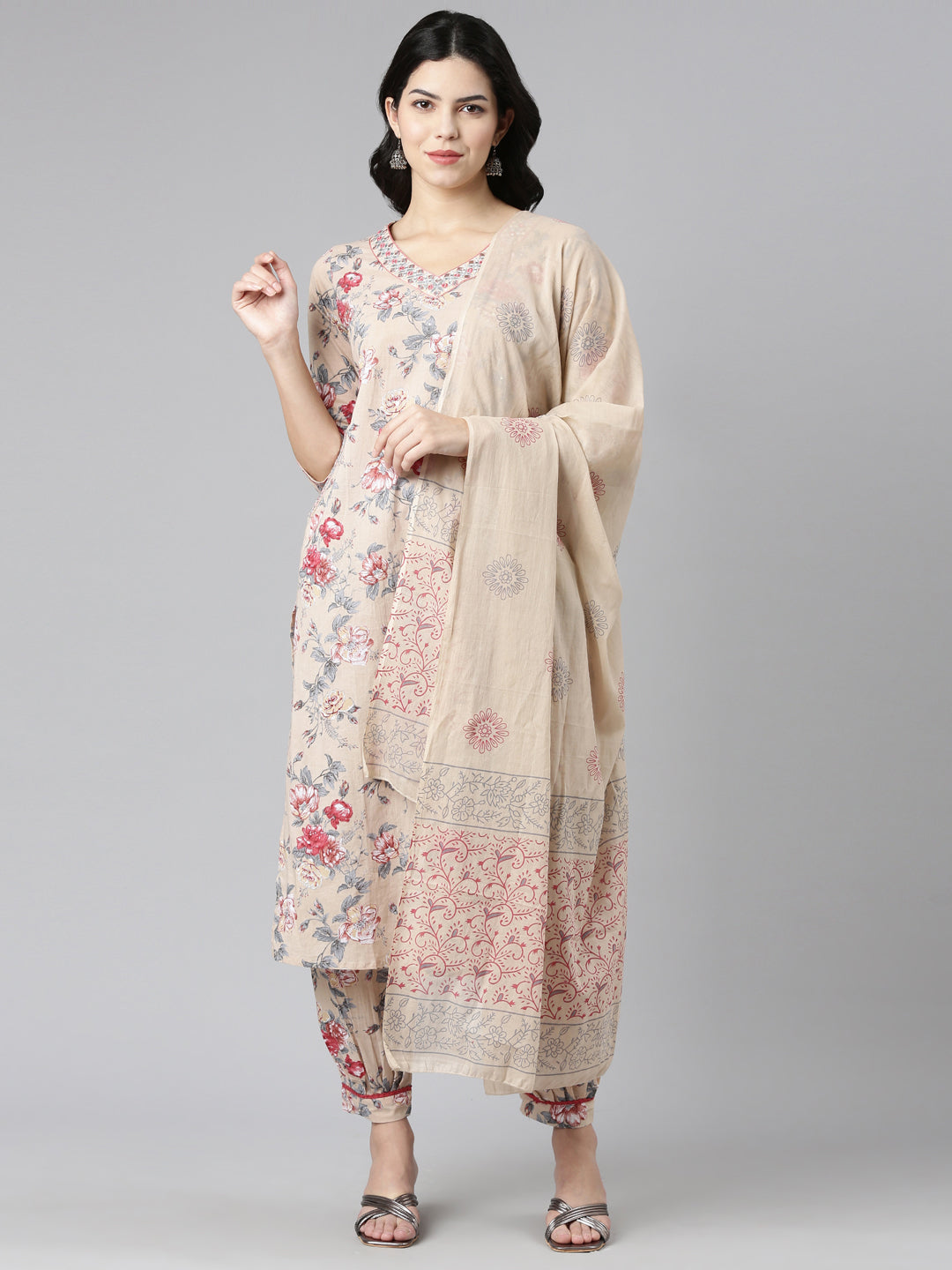 Neerus Beige printed straight kurta set with dupatta - front view