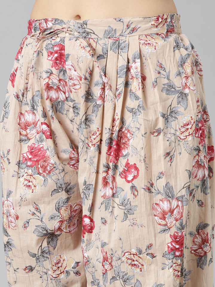 Neerus Beige printed straight kurta set with dupatta - detail view 3