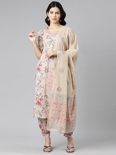 Neerus Cream Regular Straight Printed Kurta And Salwar With Dupatta