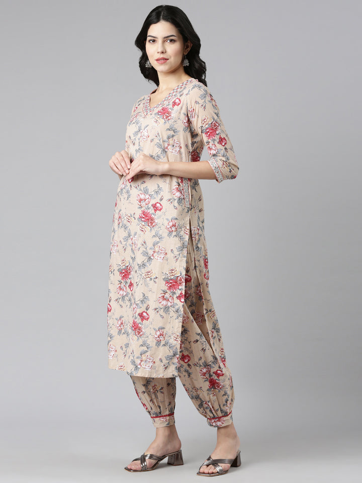 Neerus Beige printed straight kurta set with dupatta - back view