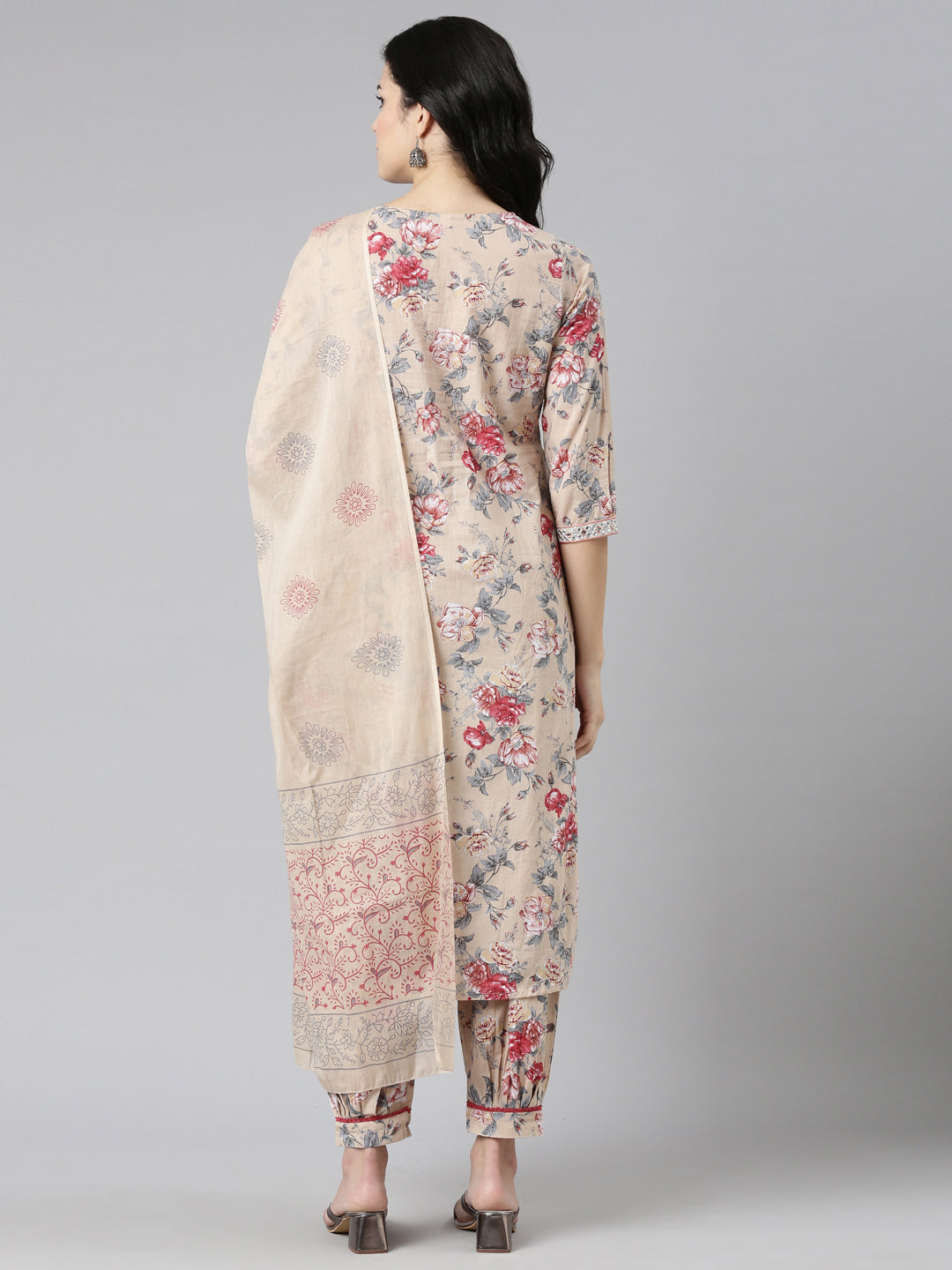 Neerus Beige printed straight kurta set with dupatta - side view